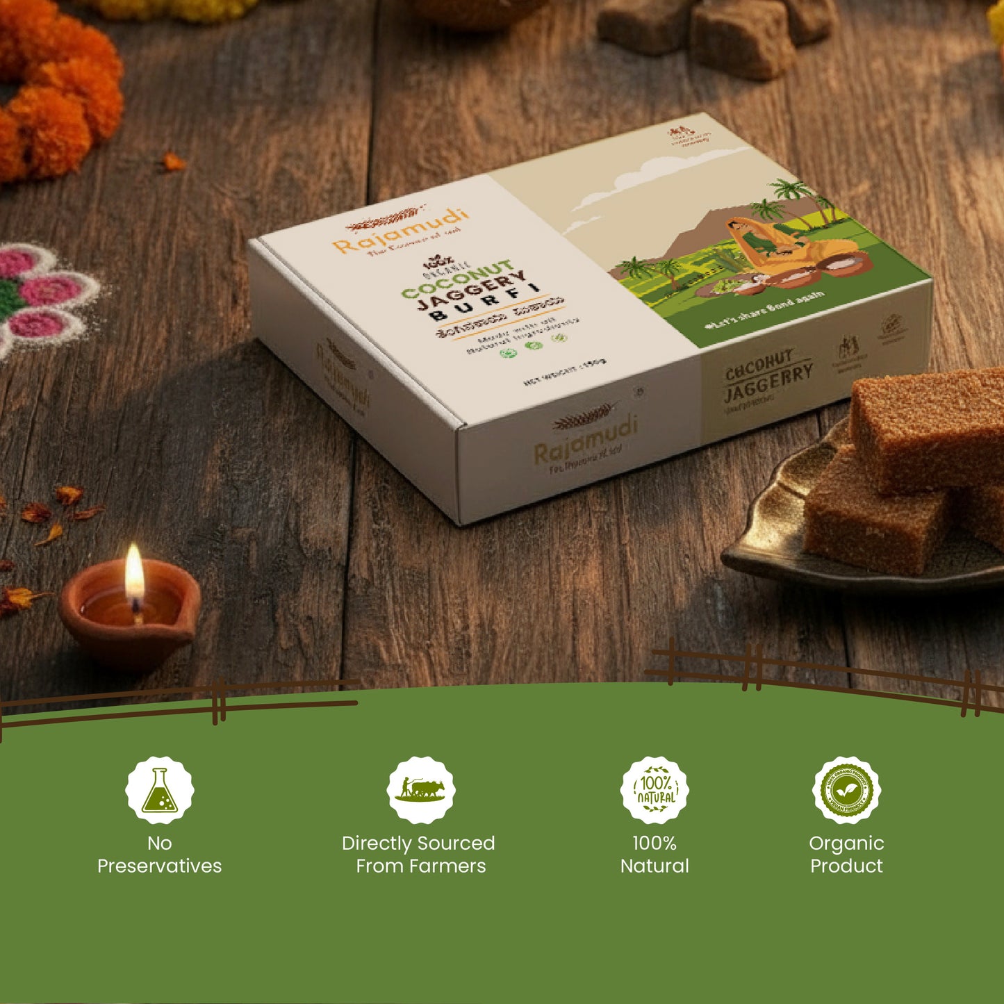 Organic Coconut Jaggery Barfi 0.3lb - The Everyday Dessert